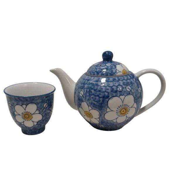 Round Asian Teapot Set Strainer Cup Floral Blue White Oriental Country Cottage - Picture 6 of 14